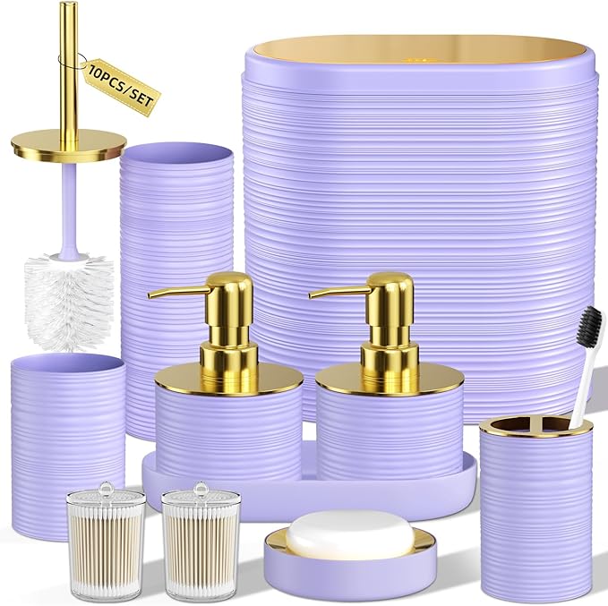 InnJoey Bathroom Set, 10PC Bathroom Accessory Set, Purple Bathroom Accessories, Purple and Gold Bathroom Set with Trash Can, Soap Dispensers