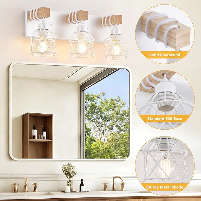 FadimiKoo 3-Light Farmhouse White Bathroom Vanity Light Fixtures, Rustic Wood Vanity Lights for Bathroom, Modern Bath Sconces Wall Lighting with Elegant Metal Shade for Mirror, Living Room, Bedroom