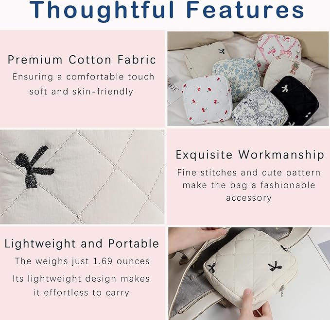 RSRSLEII Small Quilted Cosmetic Pouch for Purse, Mini Cotton Makeup Bag with Compartments, Cute Zipper Lipstick Holder for Women (06Beige Bow)