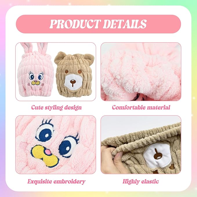 Ksheria 2 PCS Microfiber Hair Towel Wrap for Kids, Girls & Women,Cute Unicorn and White Rabbit Dry Hair Cap - Super Absorbent Quick Drying, Lightweight Turban Towel for Wet Hair (Brown) (Color A)