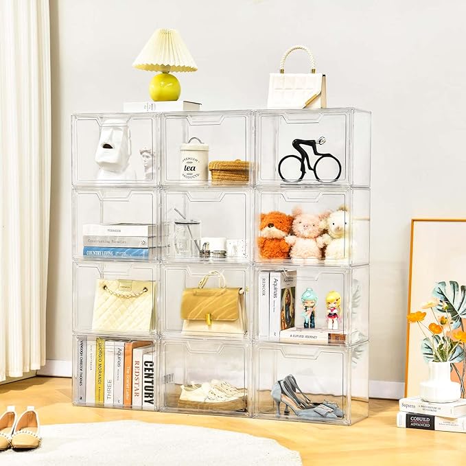 Purse Organizer for Closet,Clear Acrylic Display Case for Handbag Organizer, Purse Storage Box with Magnetic Door, Plastic Storage Bins for Book, Collectibles, Cosmetic (9 Pack)