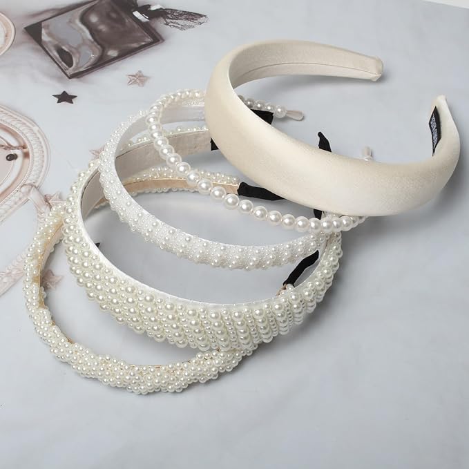 Cuizhiyu 5PK White Pearl Headbands for Women Girls Cute Pearl dainty Headbands Bling Faux Pearls Hairbands Wedding Hair Accessories hair hoop headband