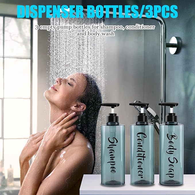 AUMIO 16.9oz Refillable Shower Soap Dispenser with Pump - 3 Chamber No Drill for Shampoo, Conditioner & Body Wash, Blue Clear Plastic Bottle Dispenser, Bathroom Organizer with 6 Waterproof Labels