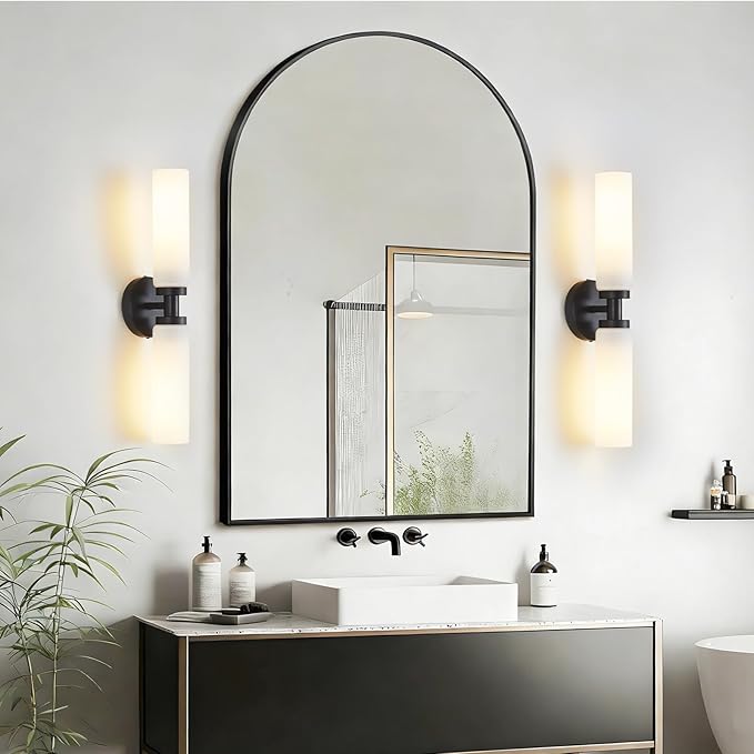 2 Light Black Bathroom Light Fixture Over Mirror, Modern Farmhouse Bathroom Vanity Lights with Milky White Frosted Glass Shade, Wall Sconce for Bathroom Mirror Hallway Cabinet Bedroom Porch