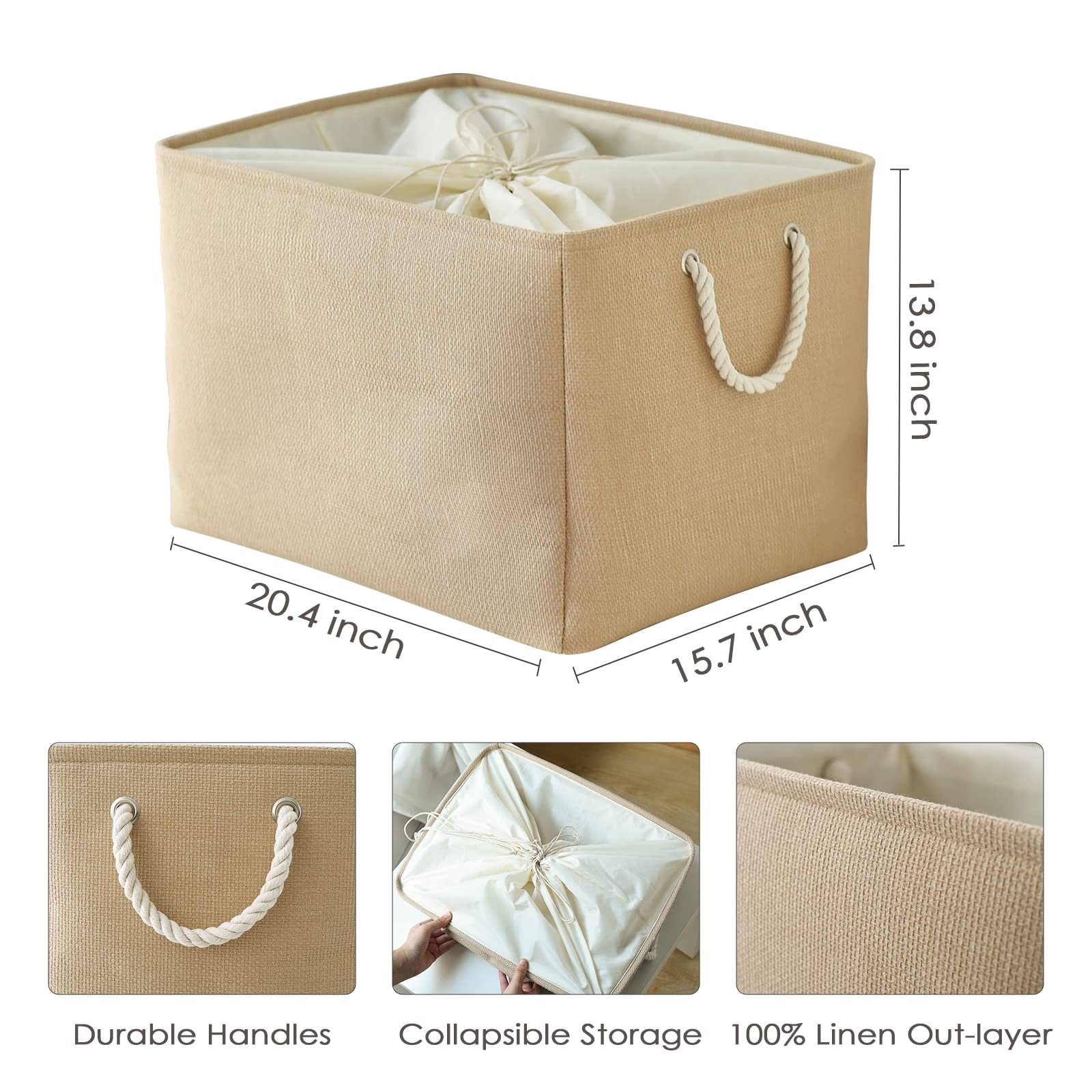 TheWarmHome Storage Bin for Shevles - Extra Jumbo 3Pack 20.5L×15.7W×13.8H inch Organization and Storage Basket for Organizing, Fabric Storage Cubes for Closet Shoe Linen Decorative (Beige)