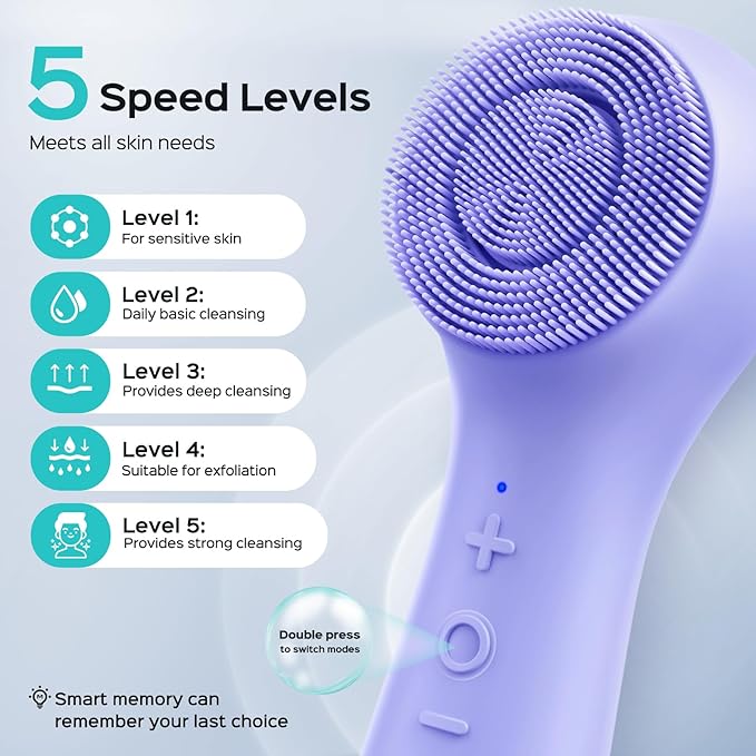 COSLUS FBS03 Face Scrubber Facial Cleansing Brush: 2 in 1 Spin and Vibration Patented, Silicone Electric Exfoliator Scrubber with Automatic Foaming, Waterproof Face Cleanser Brush for Men and Women
