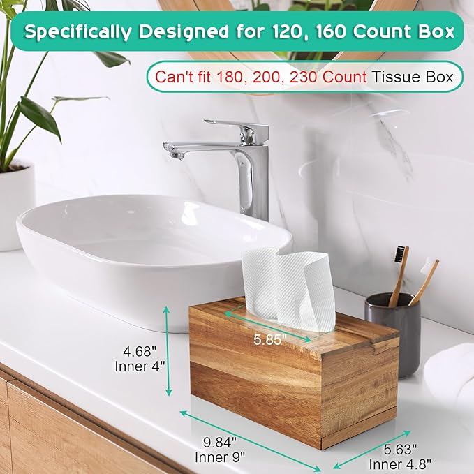 ALELION Rectangular Tissue Box Cover for 120, 160 Count Box - Acacia Wood Rectangle Tissue Box Holder - Decorative Facial Cube Tissue Box Cover for Tabletop Night Stands Bathroom Office