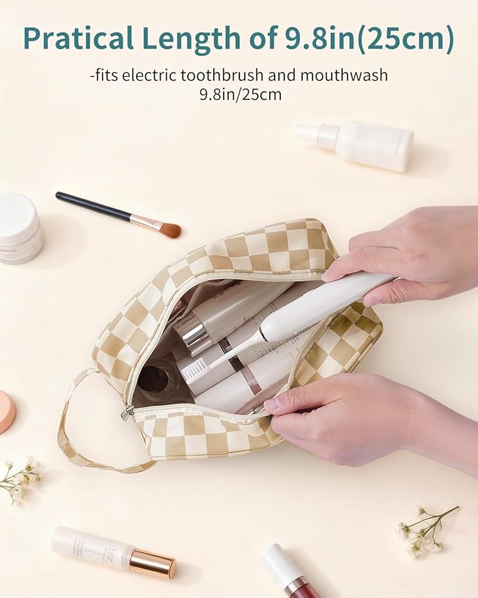 Narwey Checkered Travel Toiletry Bag for Women Traveling Dopp Kit Travel Bag for Toiletries Cosmetic Bag Makeup Bag Medicine Bag for Traveling (Light Brown Checkerboard)