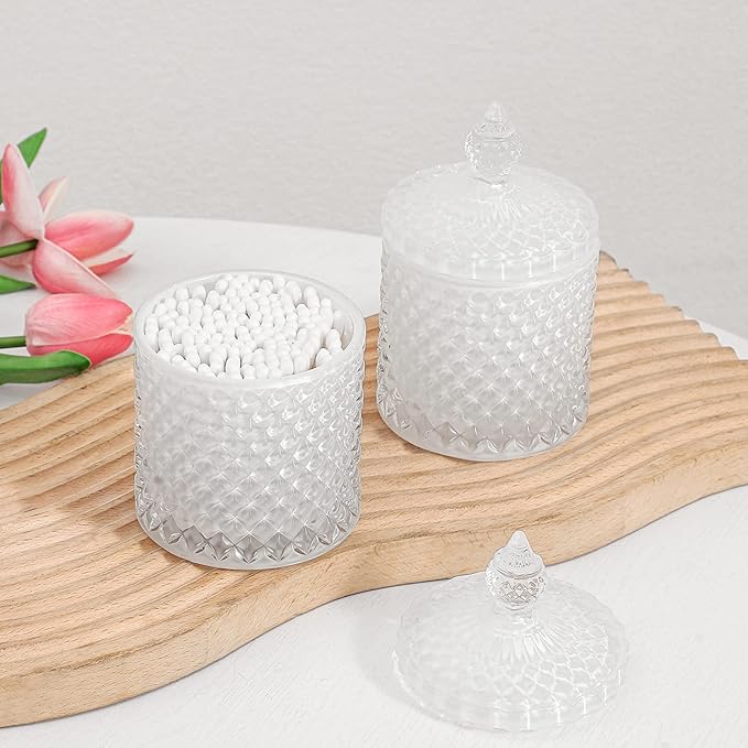 2 Pack Qtip Holder Apothecary Jars with Lid, Thick Glass, White