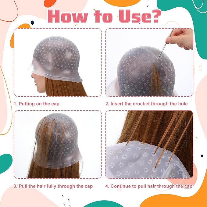 MBAIYO Punched Silicone Highlight Hair Cap with Needle, Professional Reusable Highlighting Poked Hole Cap for Color Hair Salon Hairdressing Dyeing Staining Tools for Women and Men (White)