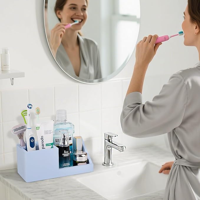 Diatomite Toothbrush Holders for Bathrooms, Quick Dry Electric Tooth Brush and Toothpaste Organizer Bathroom Accessories for Countertop, Vanity, Sink - Blue