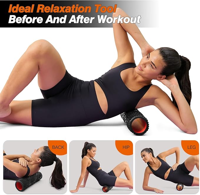 CINDALOG Foam Roller, 15" High Density Foam Back Roller, Wave Textured Massage Roller for Deep Muscle Massage Pilates Yoga,Fitness Exercise Roller for Whole Body Release(Black)