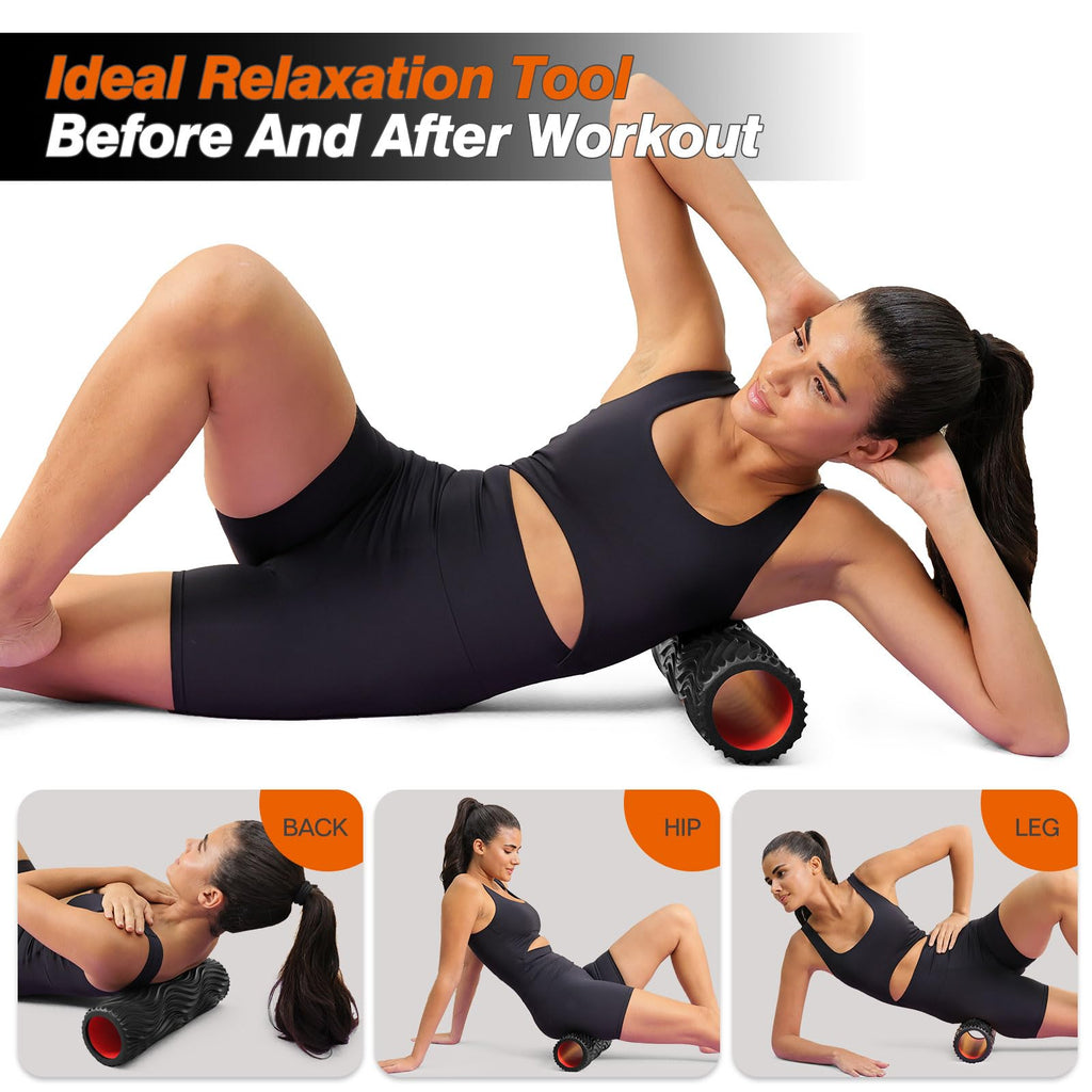 CINDALOG Foam Roller, 15" High Density Foam Back Roller, Wave Textured Massage Roller for Deep Muscle Massage Pilates Yoga,Fitness Exercise Roller for Whole Body Release(Black)
