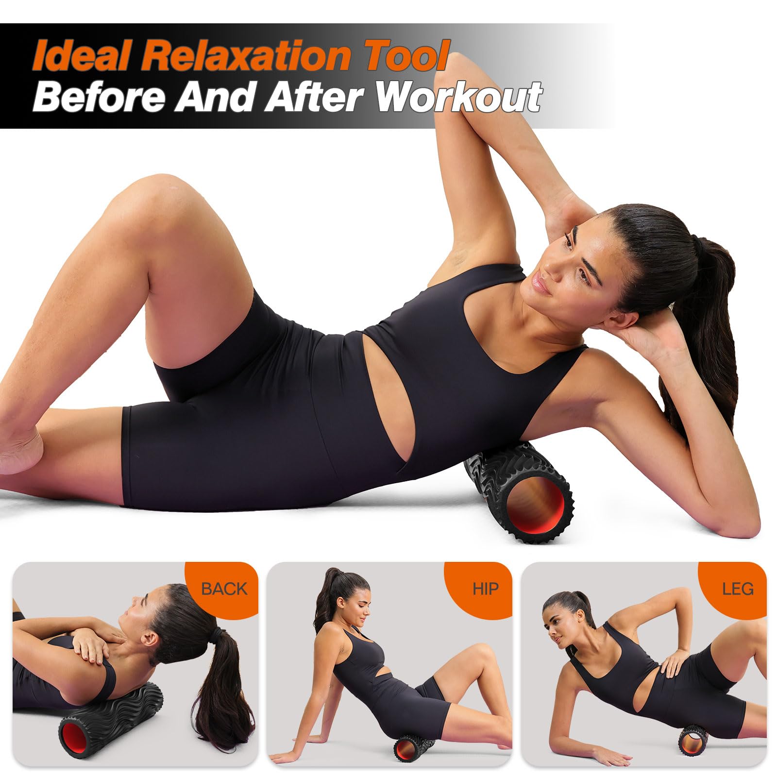 CINDALOG Foam Roller, 15" High Density Foam Back Roller, Wave Textured Massage Roller for Deep Muscle Massage Pilates Yoga,Fitness Exercise Roller for Whole Body Release(Black)