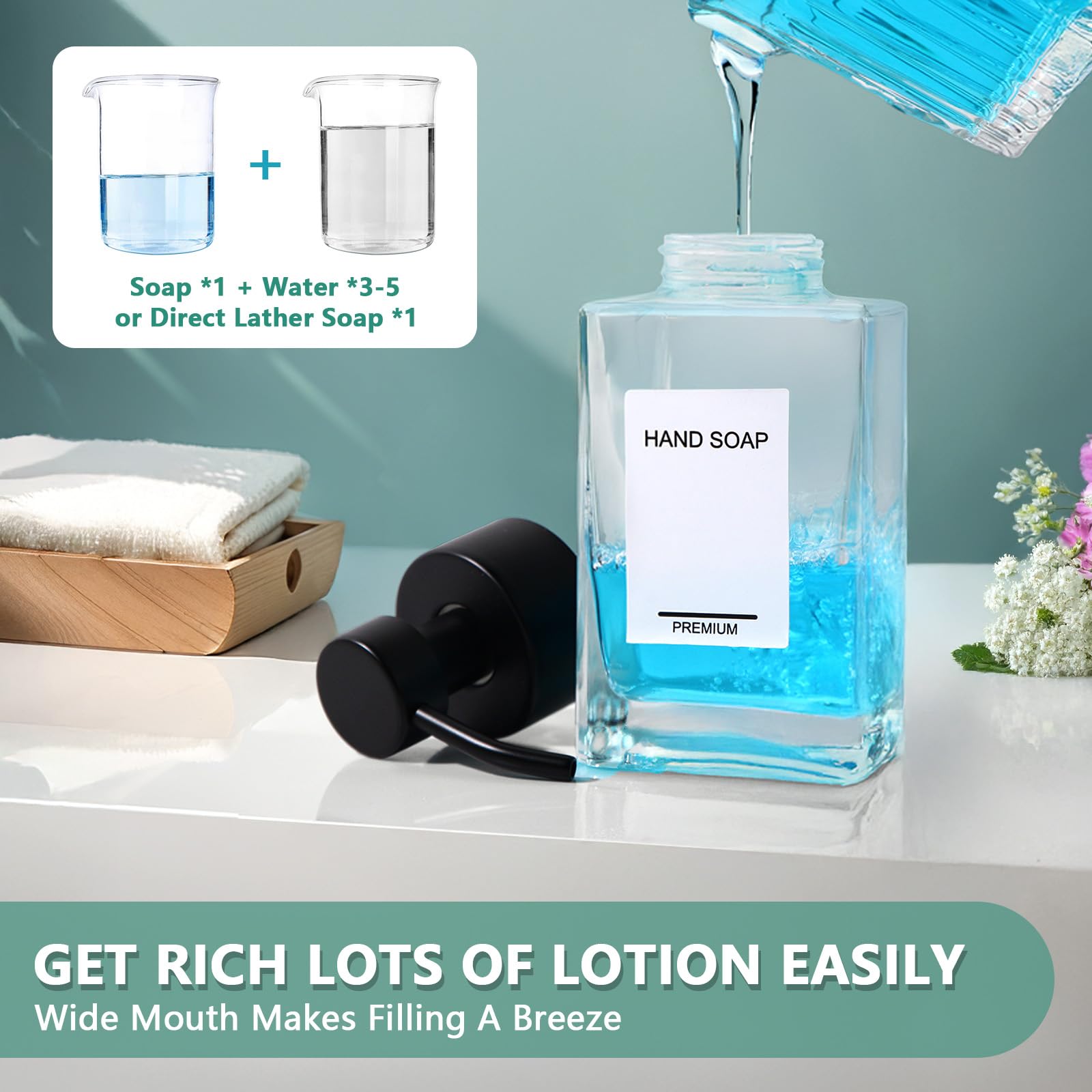 PLOUTA HOME Foaming Soap Dispenser 2 Pack, 12oz/350ml Glass Foaming Hand Soap Dispenser Set with Stainless Steel Pump, Square Refillable Foam Pump Bottles for Bathroom&Kitchen,Includes 6 Labels