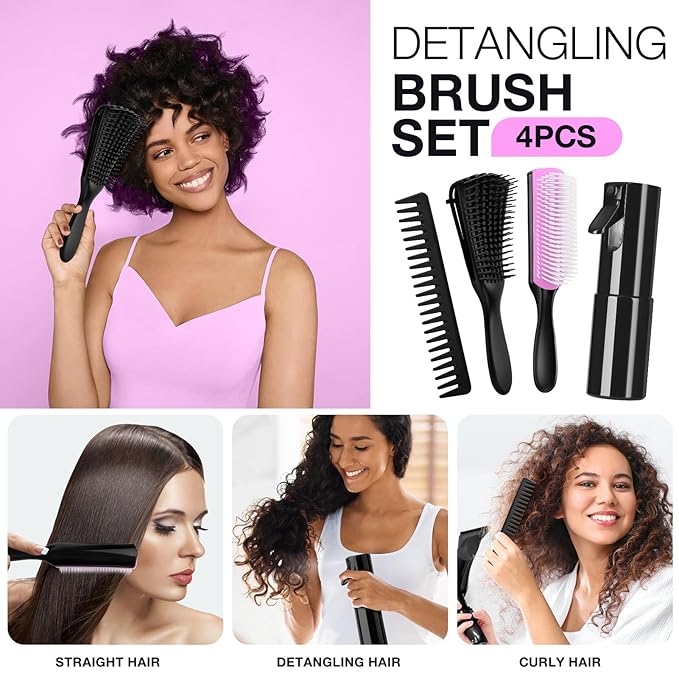 Hommtina Detangling Brush Set with Curly Hair Spray bottle, Bottle Brush Set for Women and Kids Curly Hair (3 PCS, Black+Purple)