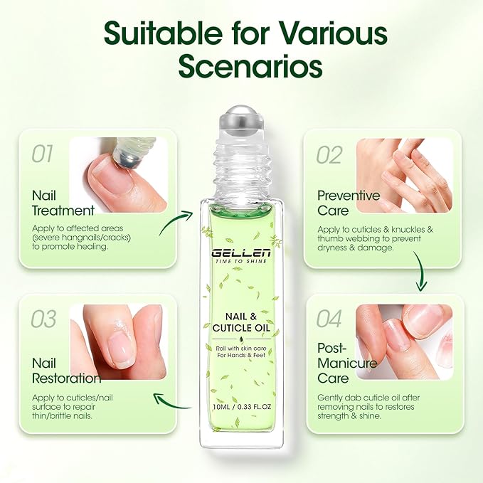 Gellen Cuticle Oil, Roll-On Nail Growth Oil, Nail Oil for Nail Growth & Repair & Strength, Green Citrus Avocado Baobab Oils Vitamin E, Nail Care for Damaged Skin & Thin Nails, Soften & Nourish Cuticle