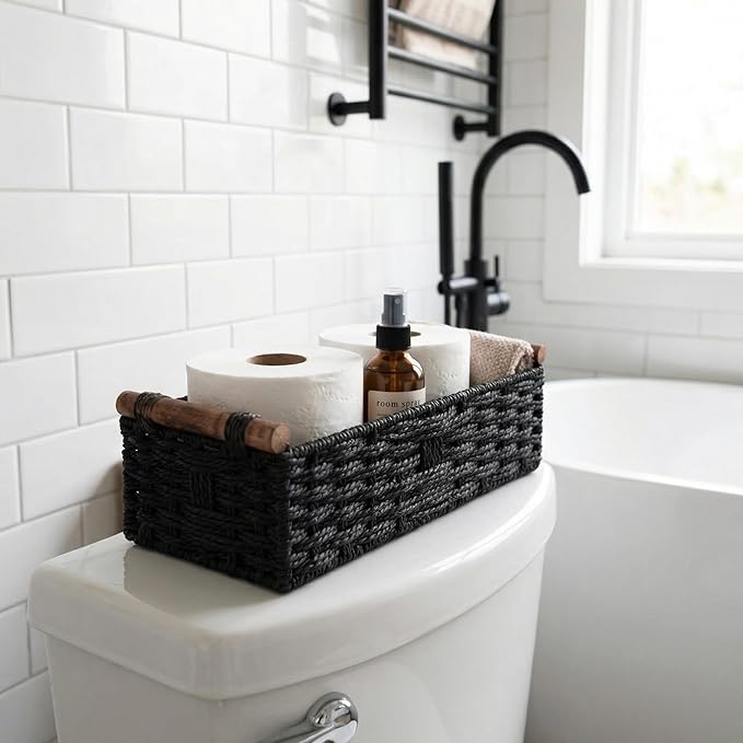 Back of Toilet Basket, Black Wicker Toilet Tank Basket for Toilet Paper Storage, Basket for Toilet Tank Top, Narrow Bathroom Organizer for Wipes & Essentials