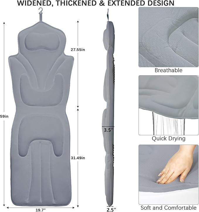 59'' Full Body Bath Pillow for Bathtub 6D Air Mesh 144 Suction Cups
