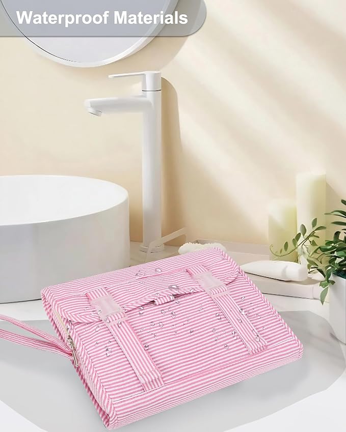 Relavel Hanging Toiletry Bag for Women, Large Makeup Travel Bag with Separate Compartments, Water Resistant Toiletries Bag for Travel Accessories, Portable Bathroom Bag for Trip Camping- Pink Strip