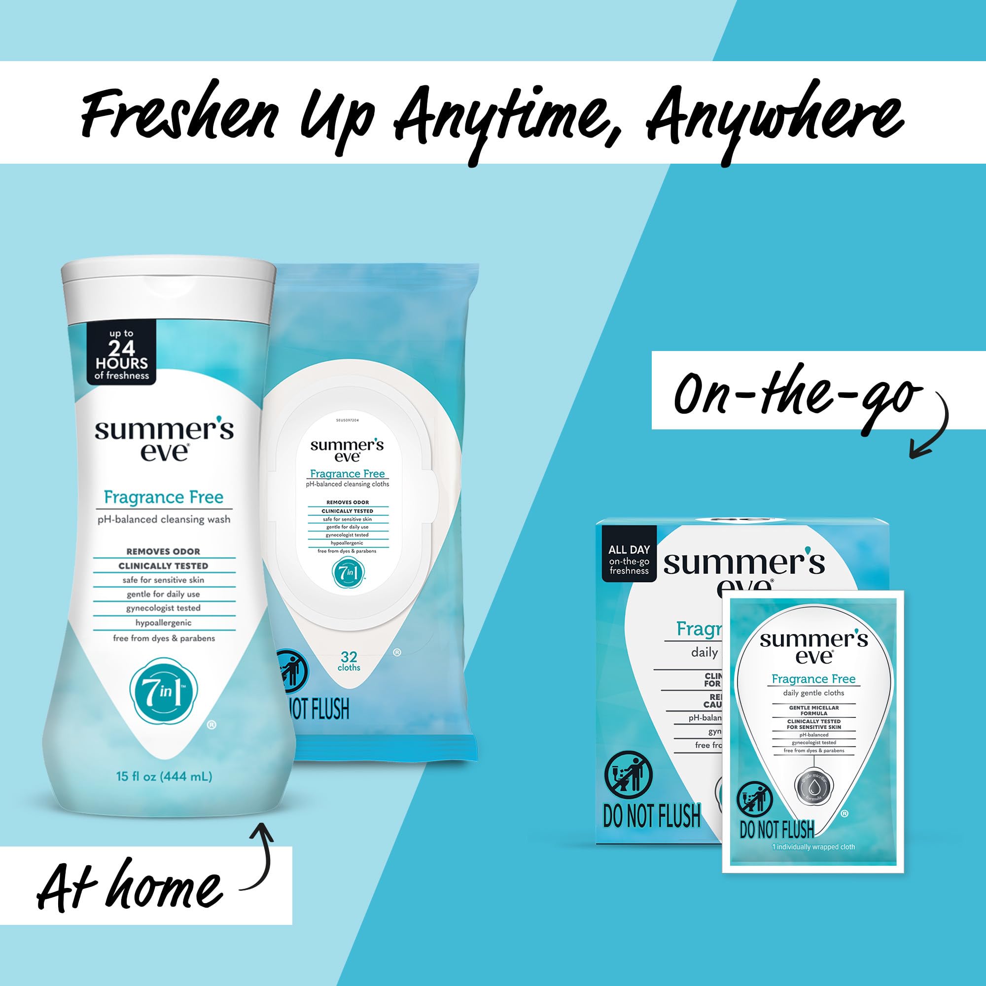 Summer's Eve Fragrance-Free Feminine Wipes, Gentle pH-Balanced Micellar Water Based Formula Helps Control Vaginal Odor, Resealable Pack, 32 Wipes