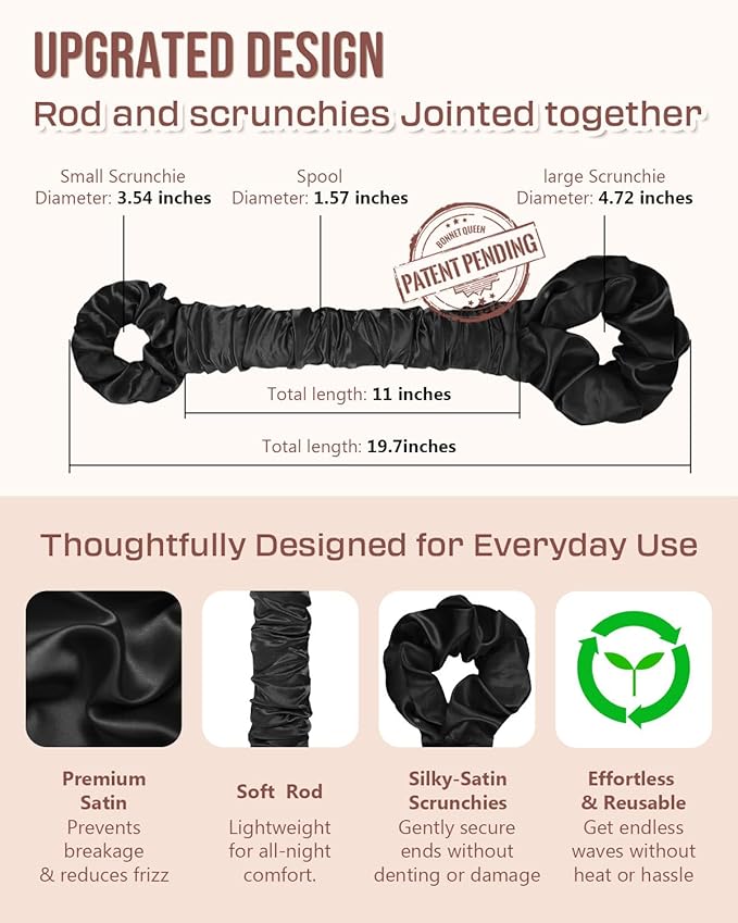 BONNET QUEEN Large Satin Heatless Hair Curler for Long Thick Hair, Heatless Curls Overnight, Hair Curlers to Sleep In, Damage-Free Waves for Women with Built-in Scrunchie, Black