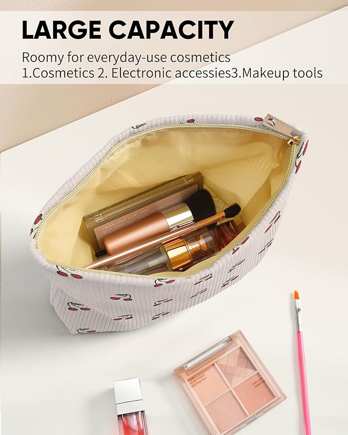 Ksriylm Cute Red Cherry Makeup Pouch for Women Small Make Up Beige Cherries Pattern Bag for Purse Zipper Initial Makeup Cosmetic Bags Pouches for Purse Aesthetic Travel Toiletry Bags