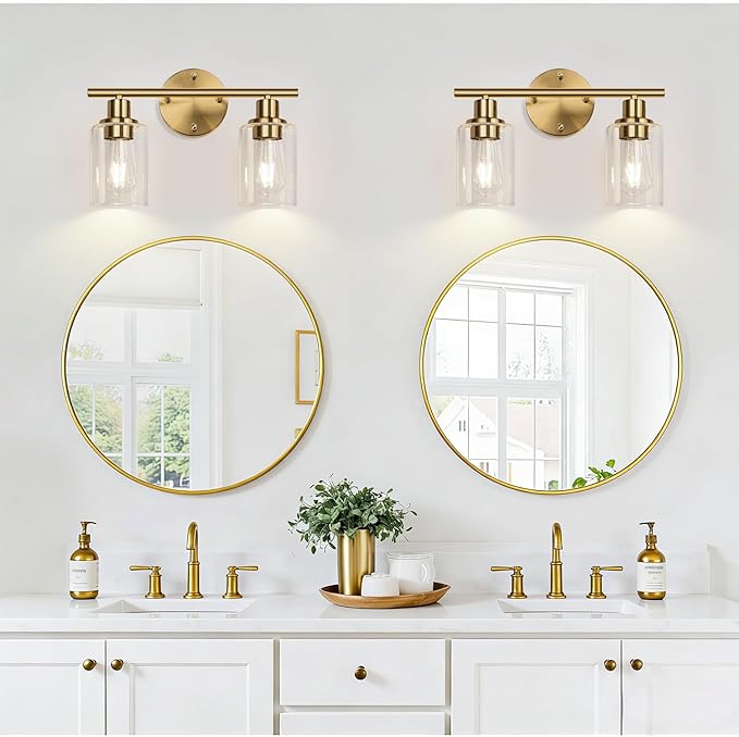 Zarbitta 2-Light Bathroom Light Fixtures, Brushed Gold Vanity Light, Modern Vanity Lights with Clear Glass Shade, Bathroom Wall Lamp for Mirror Kitchen Living Room Hallway Cabinet Porch