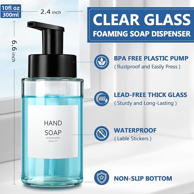 Foaming Soap Dispenser, 10 oz/300ml Foaming Hand Soap Dispenser, 2 Pack Glass Foaming Soap Dispenser for Bathroom & Kitchen, Clear Refillable Foam Soap Dispenser Bottle with Waterproof Labels