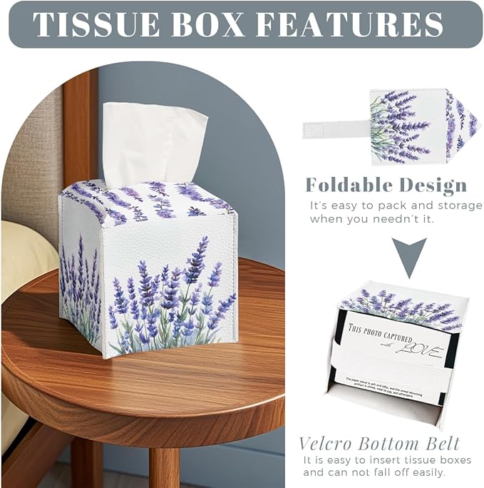 Butterfly Tissue Box Cover Purple Lavender Blossoms Garden Square PU Leather Waterproof Tissue Box Holder for Bathroom Kitchen Bedroom Vanity Countertop Night Stands