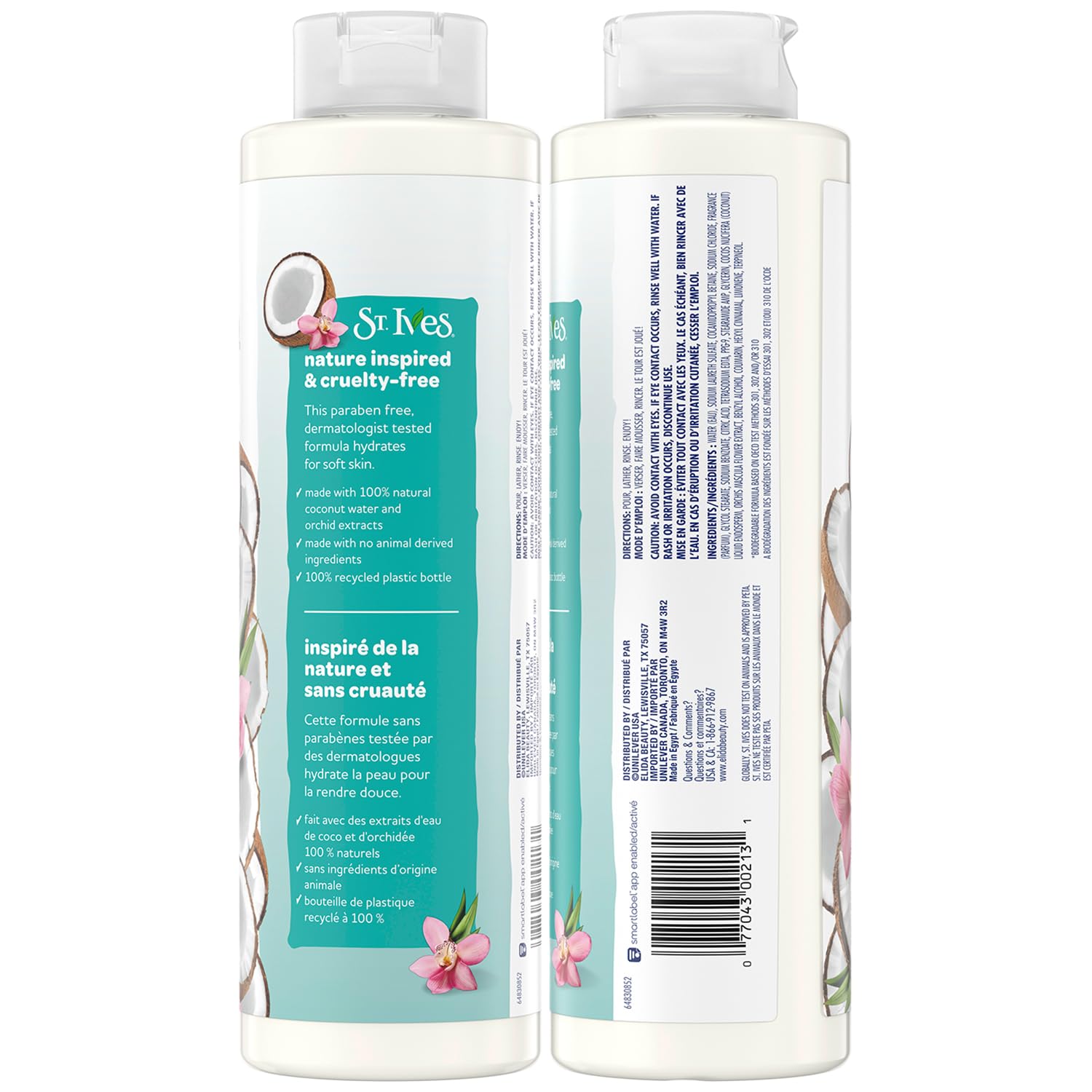 St. Ives Body Wash, Coconut Water & Orchid Hydrating Shower Gel 2-Pack, 100% Natural Extracts, Cruelty-Free, 22 Oz Ea