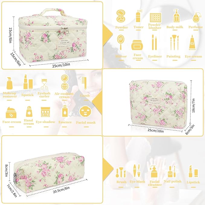 Gosect Makeup Bag Set, Quilted Makeup Bag, Large Floral Cosmetic Bag for Women, Cute Cotton Makeup Bags, Flower Travel Toiletry Organizer Bag (Pink Floer)