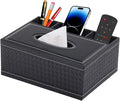 Tissue Box Cover Rectangle Black Tissue Box Holder PU Leather Facial Tissue Organizer,Multifunctional Remote Control Stationery Storage Box,Home Office Supplies Car Napkin Caddy