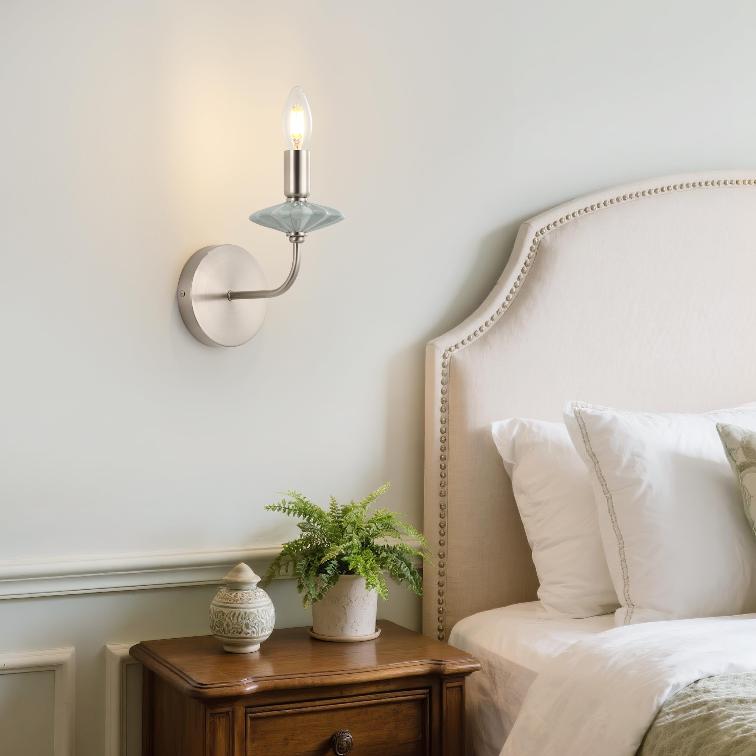 breomo Wall sconces Set of Two with Green Ceramic Flower Decoration,Brushed Nickel Wall Lights, Hardwired Vintage Vanity Light for Bathroom, Living Room, Bedroom, and hallways.