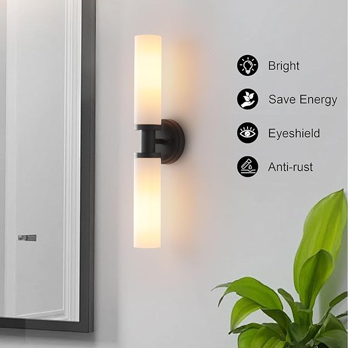 Wall Sconces Set of Two,Matte Black Bathroom Sconces Wall Lighting with White Glass, Modern Sconces Wall Decor Set of 2 Wall Light fixtures for Bathroom Mirror Living Room Hallway Bedroom Wall Lamp