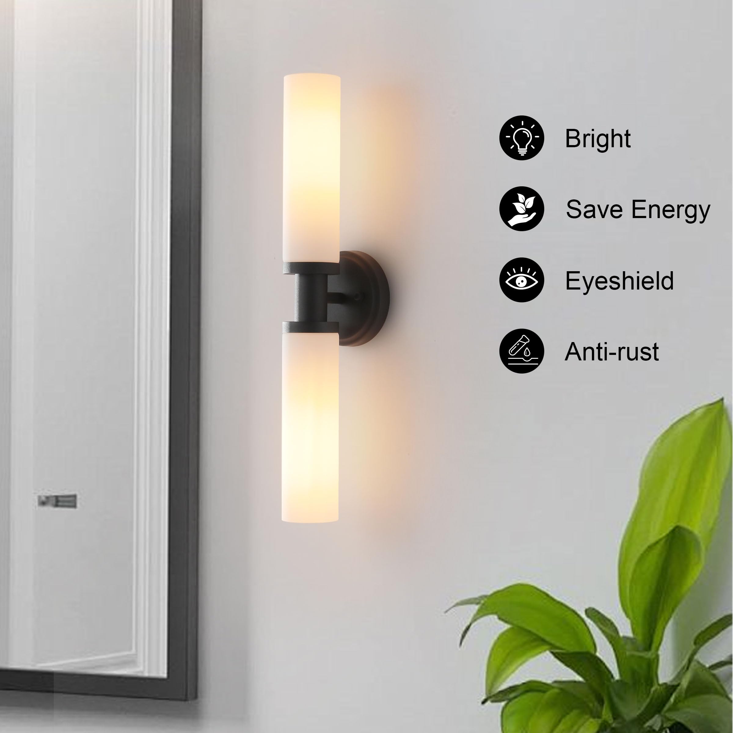 Wall Sconces Set of Two,Matte Black Bathroom Sconces Wall Lighting with White Glass, Modern Sconces Wall Decor Set of 2 Wall Light fixtures for Bathroom Mirror Living Room Hallway Bedroom Wall Lamp