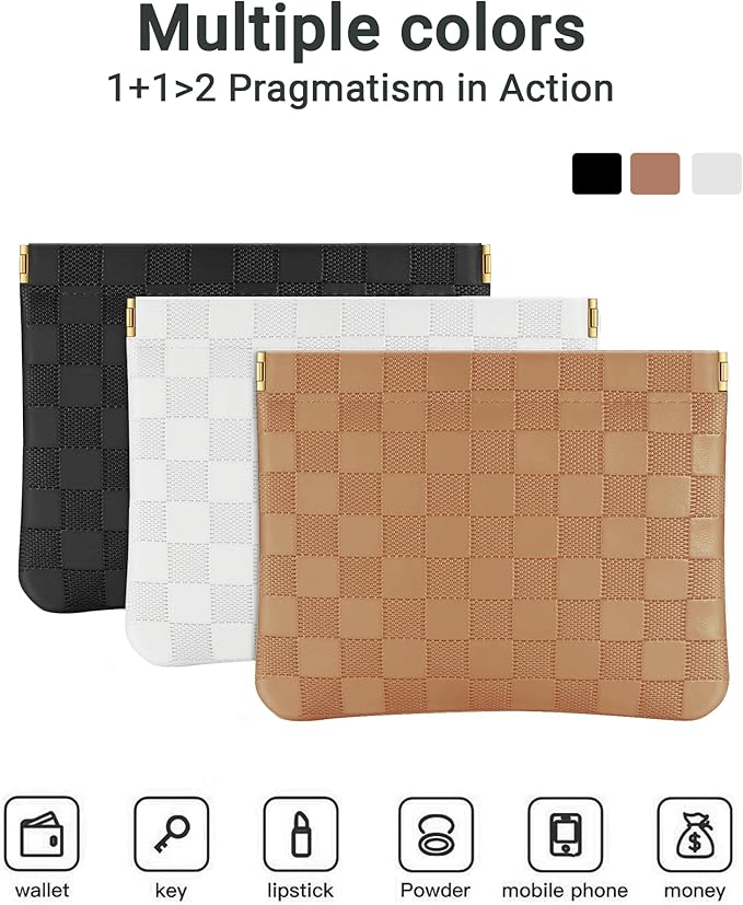 MXXUUOOM 2 Pack Small Makeup Bag for Purse Leather Cosmetic Pouch Organizer, Snap Closure Checkered Makeup Bag, Mini Lipstick Coin Pouch, Travel Makeup Organizer for Women(Brown)