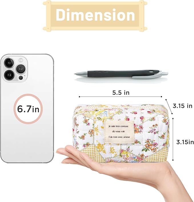 Floral Small Makeup Bag for Purse, Quilted Cotton Cosmetic Bag with Zipper, Mini Makeup Pouch for Travel, Handbag, Backpack, Skin Care Samples (Beige Floral-S)