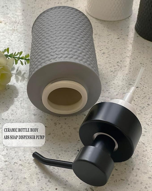 10 Oz Foaming Soap Dispenser for Bathroom,Kitchen Foam Soap Dispenser,Refillable Modern Foam Pump Bottle,Black Ceramic Foaming Hand Pump Dispenser (Grey Weave)