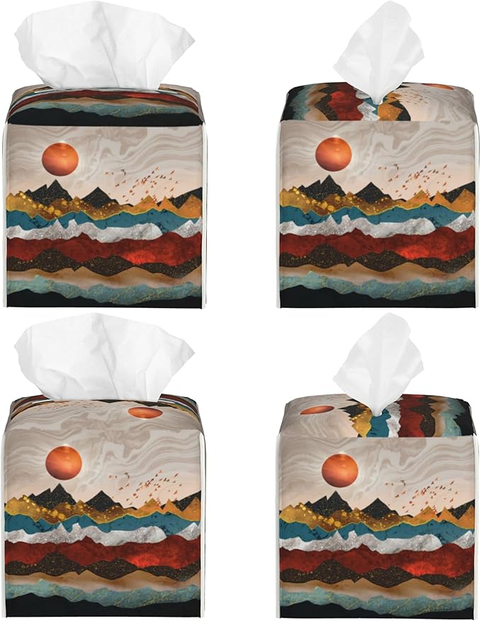 Gold Mountains and Red Sun Tissue Box Cover Square,Abstract Mountain Sunset Tissue Box Holder Waterproof Leather Facial Paper Organizer Dispenser for Bathroom Home Car Nightstand Vanity Desk