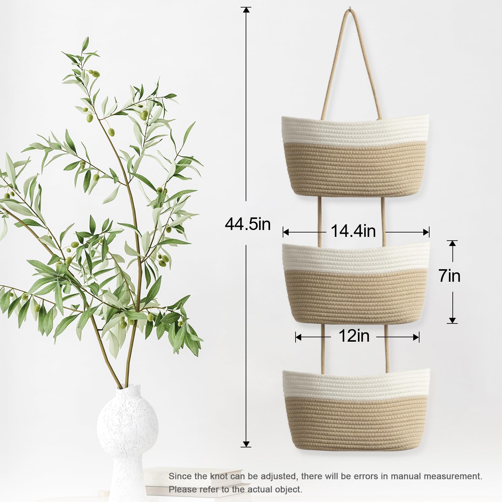 TeoKJ Over the Door Hanging Basket, 3-Tier Woven Cotton Wall-Mounted Storage Organizer Bag Decorative Hanging Nursery Baskets, White & Jute