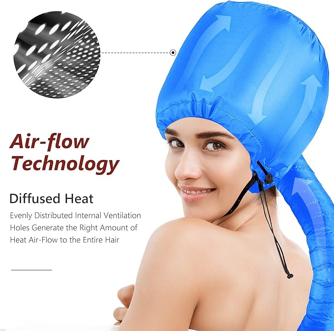 Safety Portable Hair Dryer Bonnet Attachment for Hair Styling, Adjustable Chin Strap and Side Fitting Drawstring Hood Dryers for Hair Home