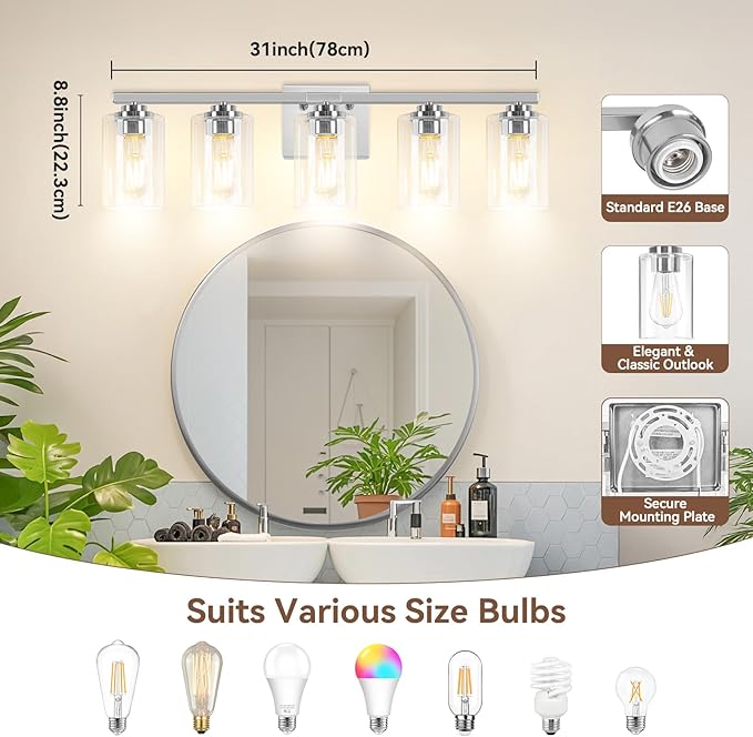VerRon 5-Light Bathroom Light Fixtures, 31" Brushed Nickel Vanity Lights