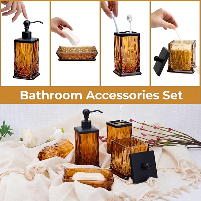ZIVQEXMURL Amber Bathroom Accessories, Thick Etched Glass & Zinc Alloy Pump