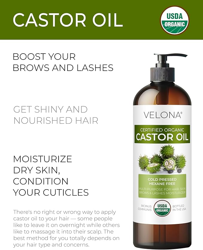velona USDA Certified Organic Castor Oil - 16 fl oz (With Pump) | For Hair, Eyelashes, Eyebrows | Cold pressed, Natural Oil, USP Grade | Hexane Free, Lash Serum, Caster