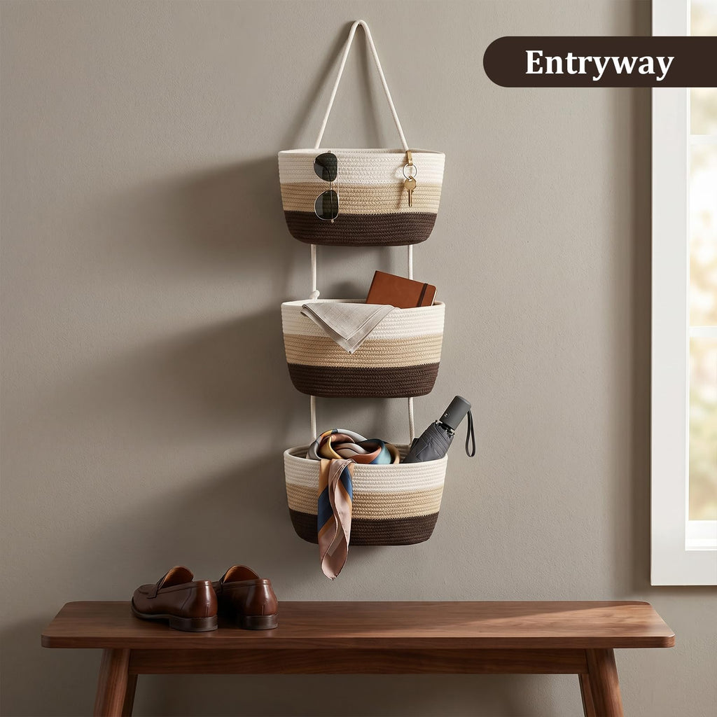 TeoKJ Over the Door Hanging Basket, 3-Tier Woven Cotton Wall-Mounted Storage Organizer Bag Decorative Hanging Nursery Baskets，Gradient Brown