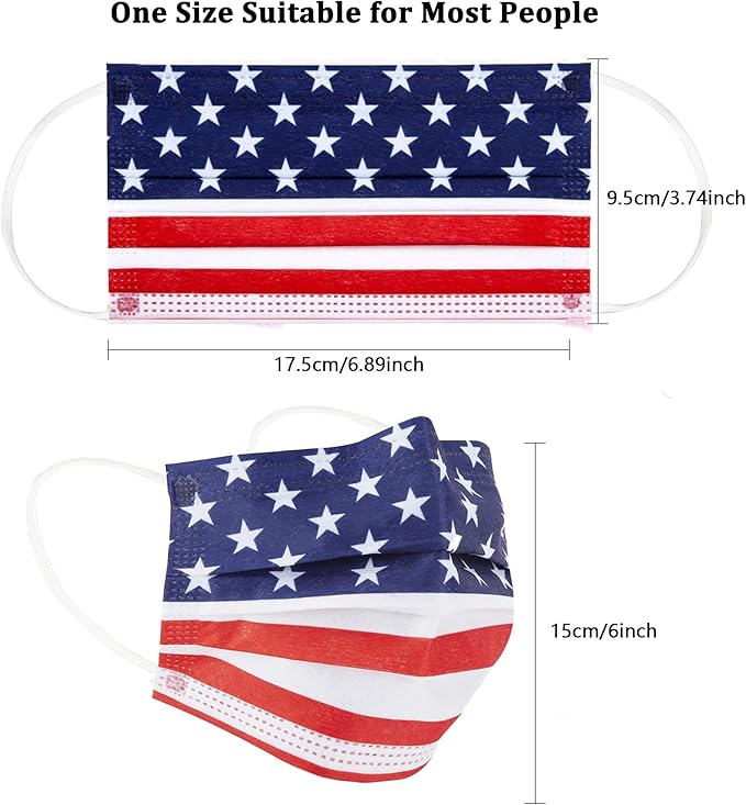 akgk 100PCS Disposable Face Masks with USA Flag Print, 3-Ply Breathable Face Mask For Adults