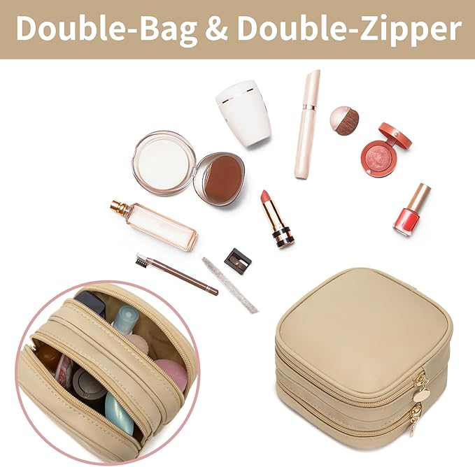 XIAOLER Small Makeup Pouch, Double Zipper Cosmetic Bag, Travel Makeup Bag, Cute Makeup Bag for Purse, Mini Toiletry Bag (Beige)