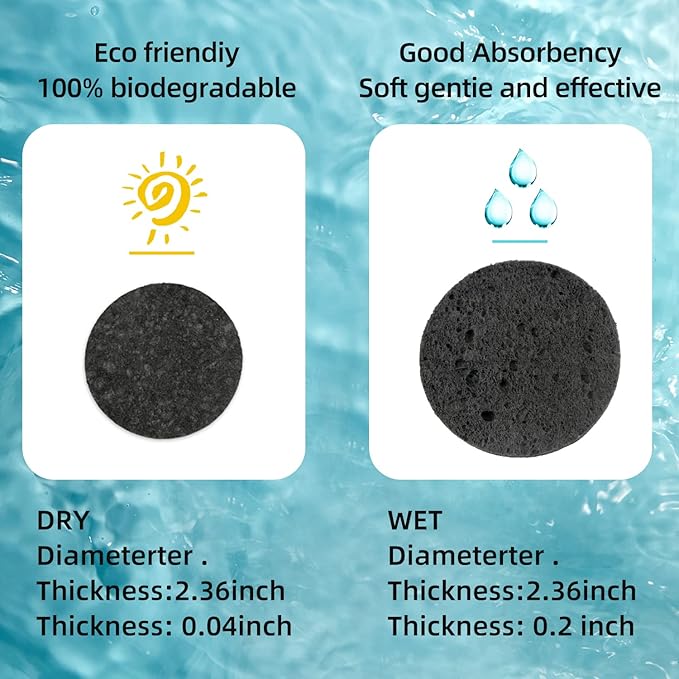 100-Count Facial Sponges Compressed Natural Cellulose Sponge Round Shape Face Sponge for Face Cleansing Exfoliating and Makeup Removal, Black