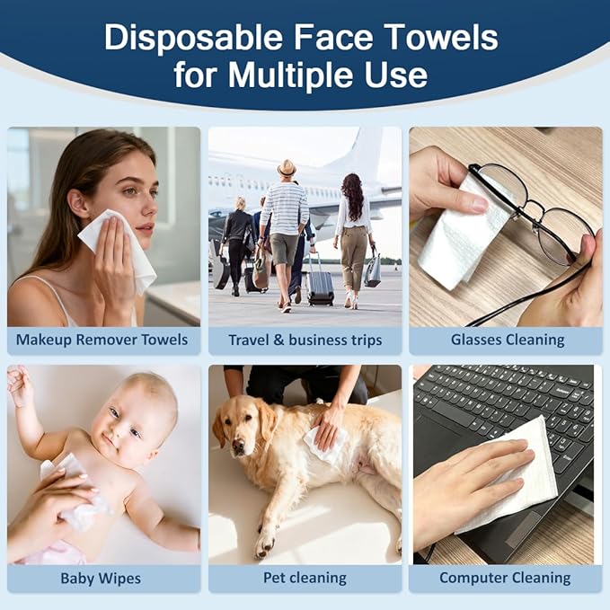 GLIMGLINT Face Towels, 100 Count (2 Box) Disposable Face Towelettes, Biodegradable Makeup Remover Dry Wipes, Super Soft Clean Facial Towels Wash Cloth for Sensitive Skin